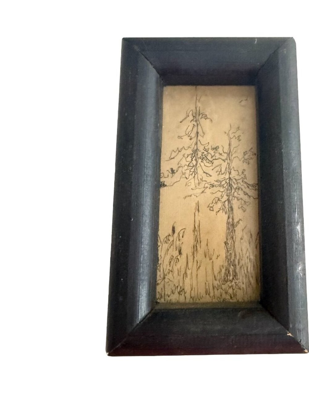 Vintage Framed Woodland Landscape Pen & Ink Style Drawing Folk Art Wall Decor